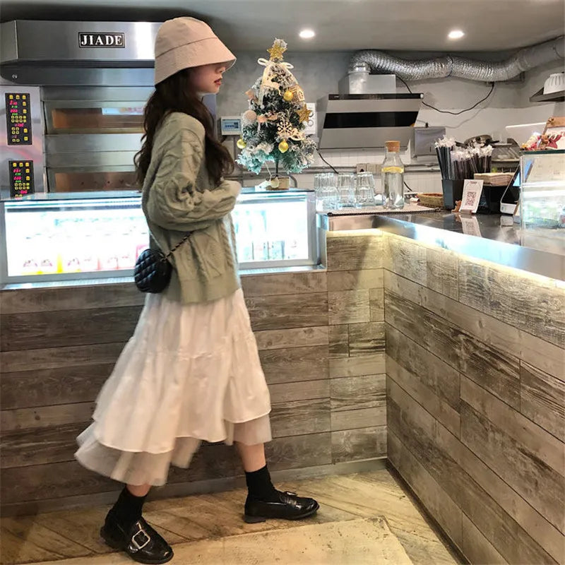 Long Tulle Midi Skirts Womens  Autumn Elastic High Waist Mesh Tutu Pleated Skirts Female Black White Long Skirt Streetwear