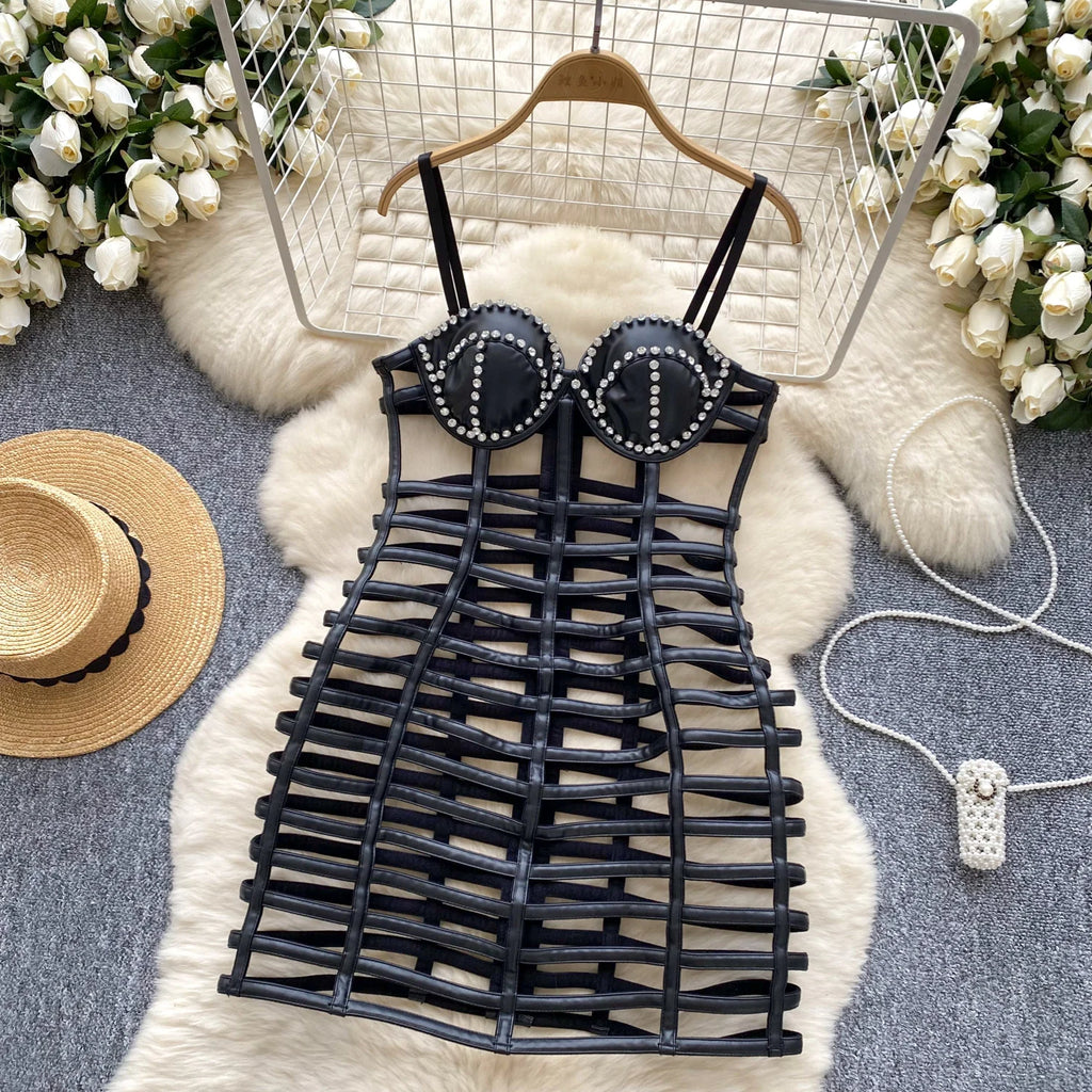 Vintage Hollow Out Elegant Rhinestone Chic Sleeveless Slim Straps Dresses Korean Fashion Evening Party Women Summer Clothing