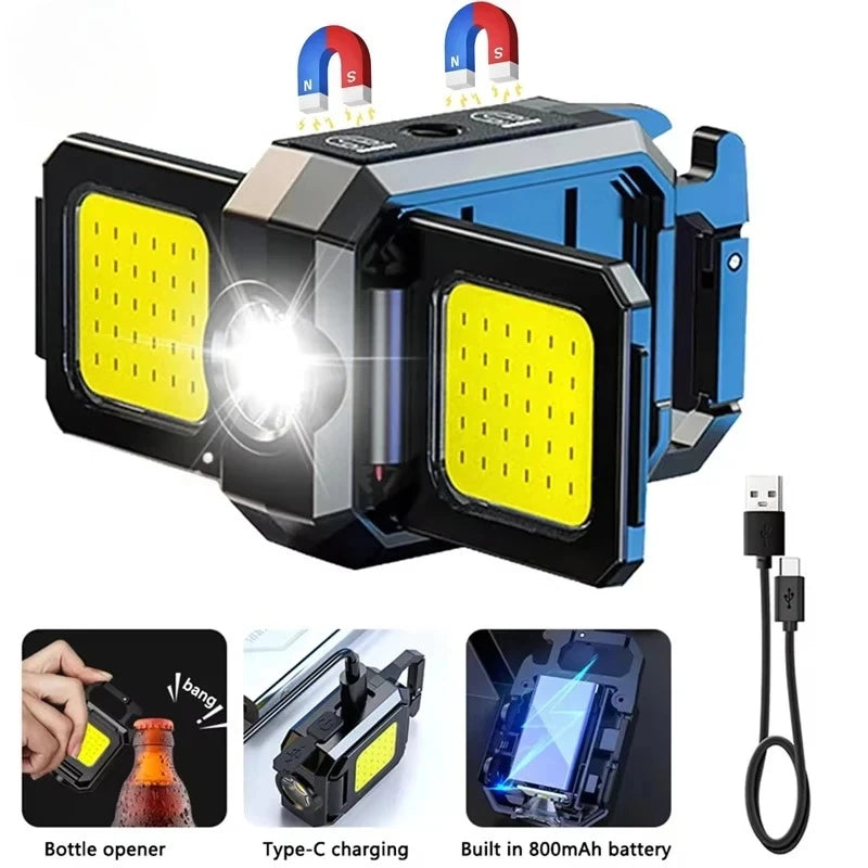 Mini LED Flashlight Keychain Light Double COB Lights USB Rechargeable Work Lights Fishing Lanterna with Magnet Built-in Battery