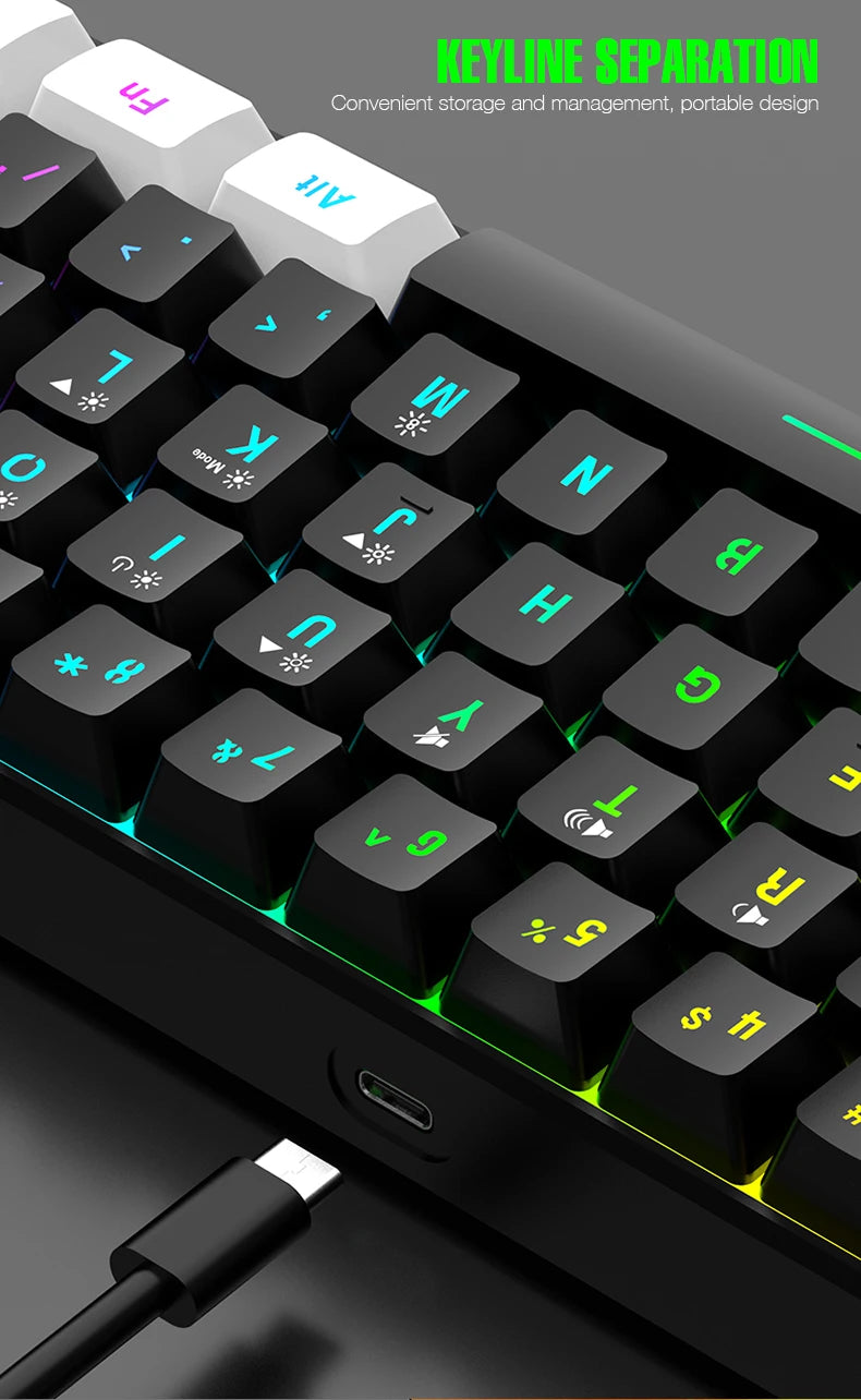 60% compact wired keyboard with 61 key membrane layout, RGB backlighting, ergonomic design, small and portable office computer