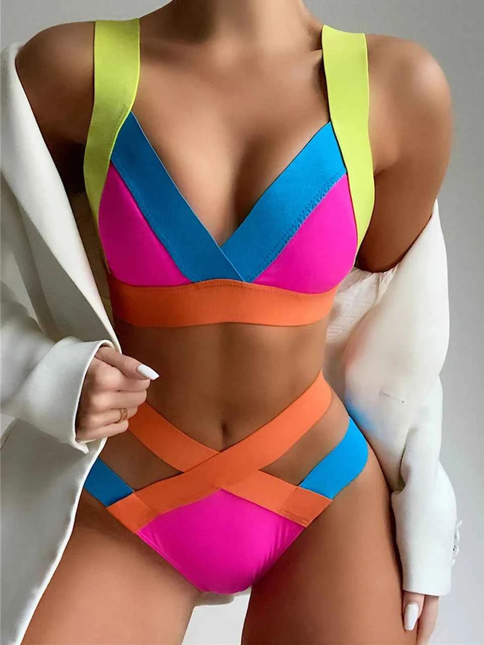 2025 High Waist Bikini Straped Swimsuit Block Color Women Solid Swimwear Female Bathers Bathing Swimming Suit Beachwear Summer