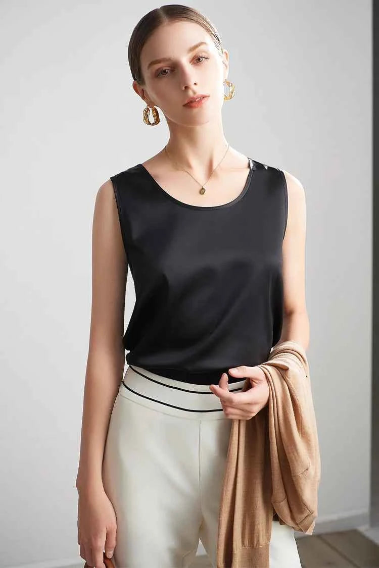 SuyaDream. Women Basic Cozy Tanks, 100%Real Silk, O neck Sleeveless Chic T Shirt, 2025 Solid Summer Vests, White, Pink, Beige