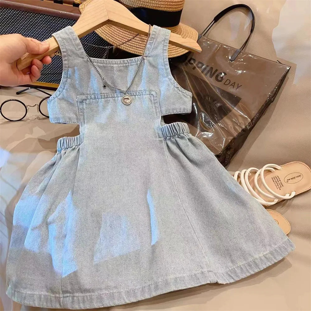 Summer Girls Blue Denim Sling Dress 2 - 7 Years Old Kids' Waist - Revealing Design Casual Princess Dress Stylish Children Outfit