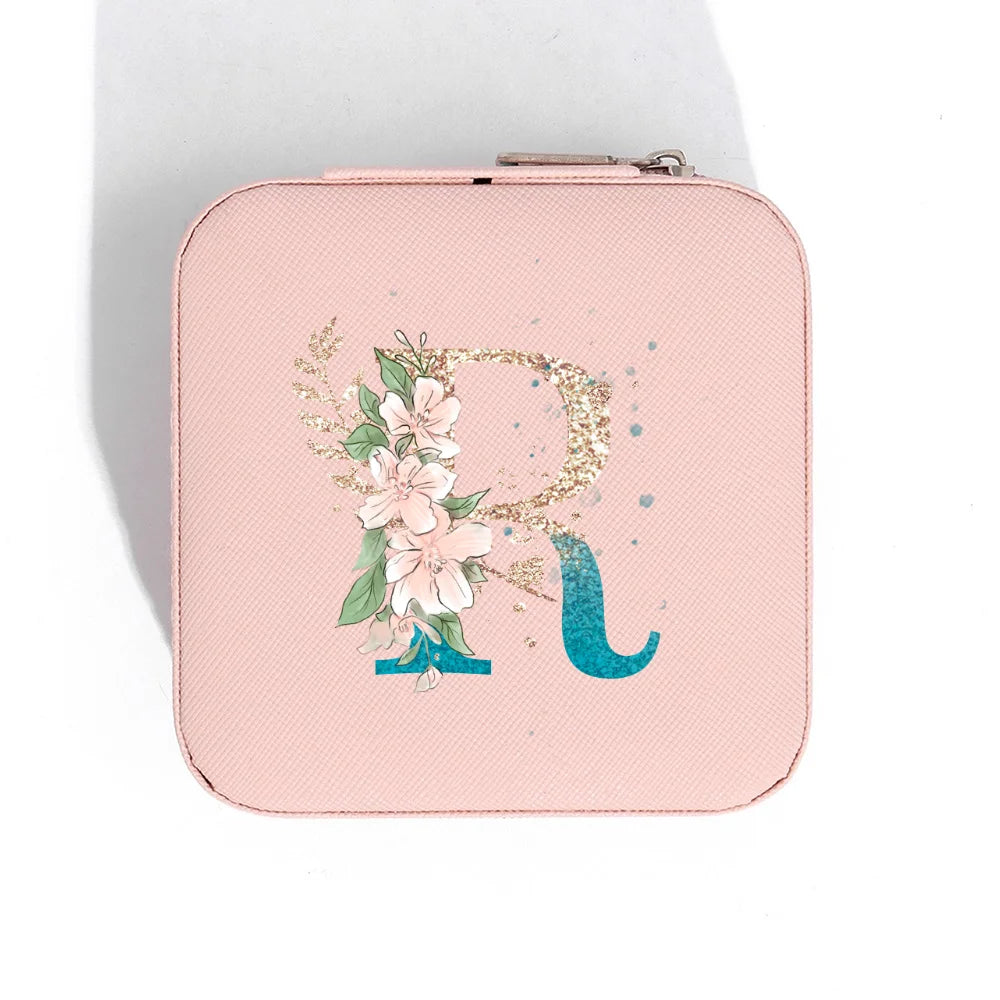 A-Z Alphabet Print Pink Travel Jewelry Organizer with Zipper Closure and Fabric Lining