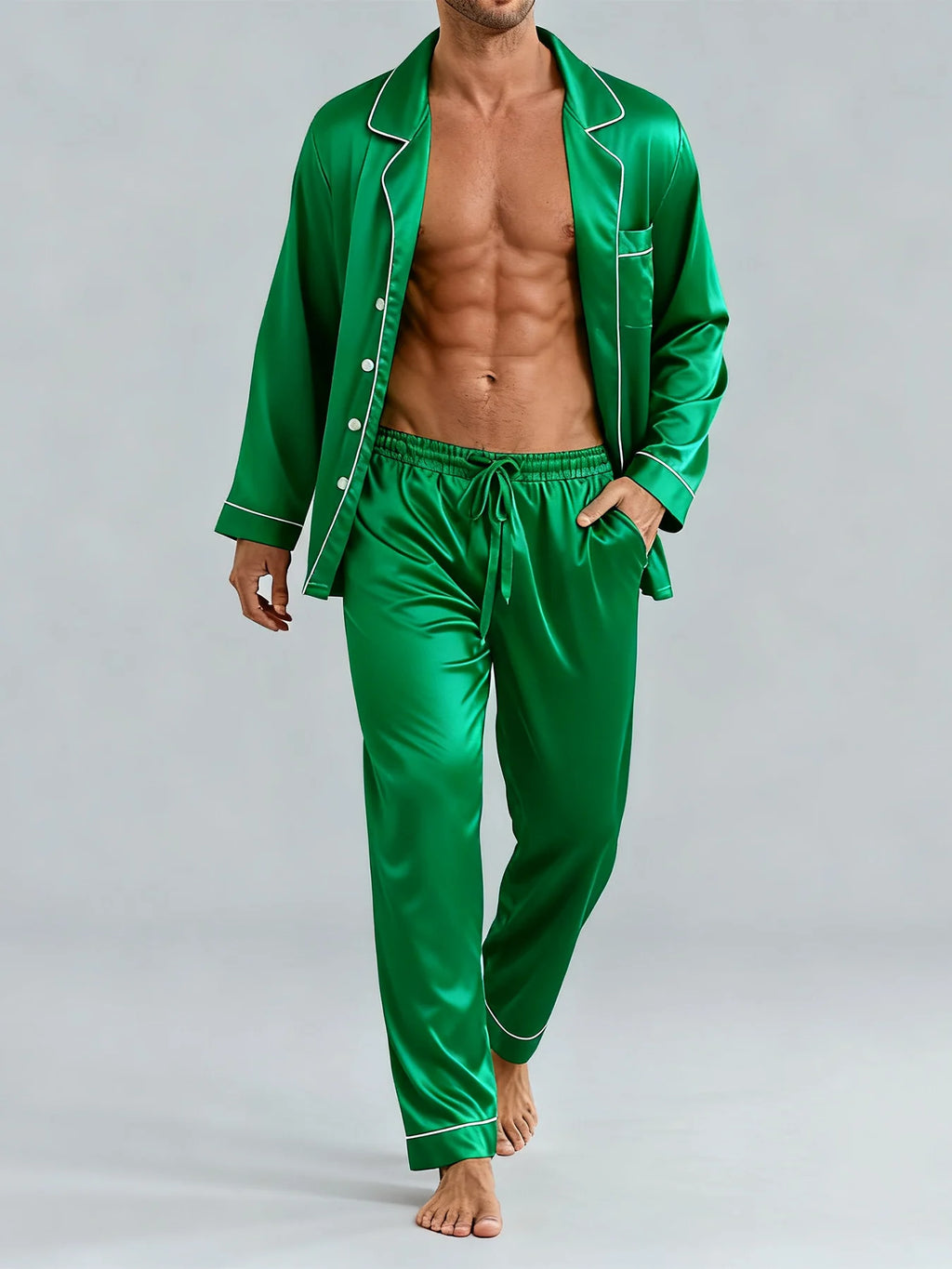 Men's Luxury Pajama Set with Contrast Trim Long Sleeve and Pockets Pants Comfortable Loose-Fit Pajamas for Men Sleepwear Sets