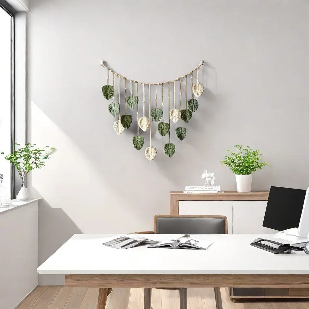 Boho Home Decoration, Macrame Tapestry Macrame Leaf Feather Wall Hanging Decor for Living Room Bedroom, Boho Wall Art Home Decor