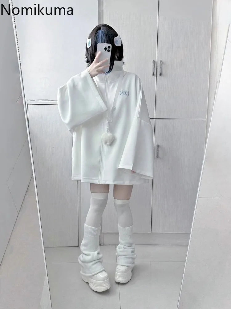 2025 Ropa Mujer Streetwear Coat for Women's Japanese Y2k Clothing Fashion White Zipper Outwear Tops Casual Stand Neck Jackets
