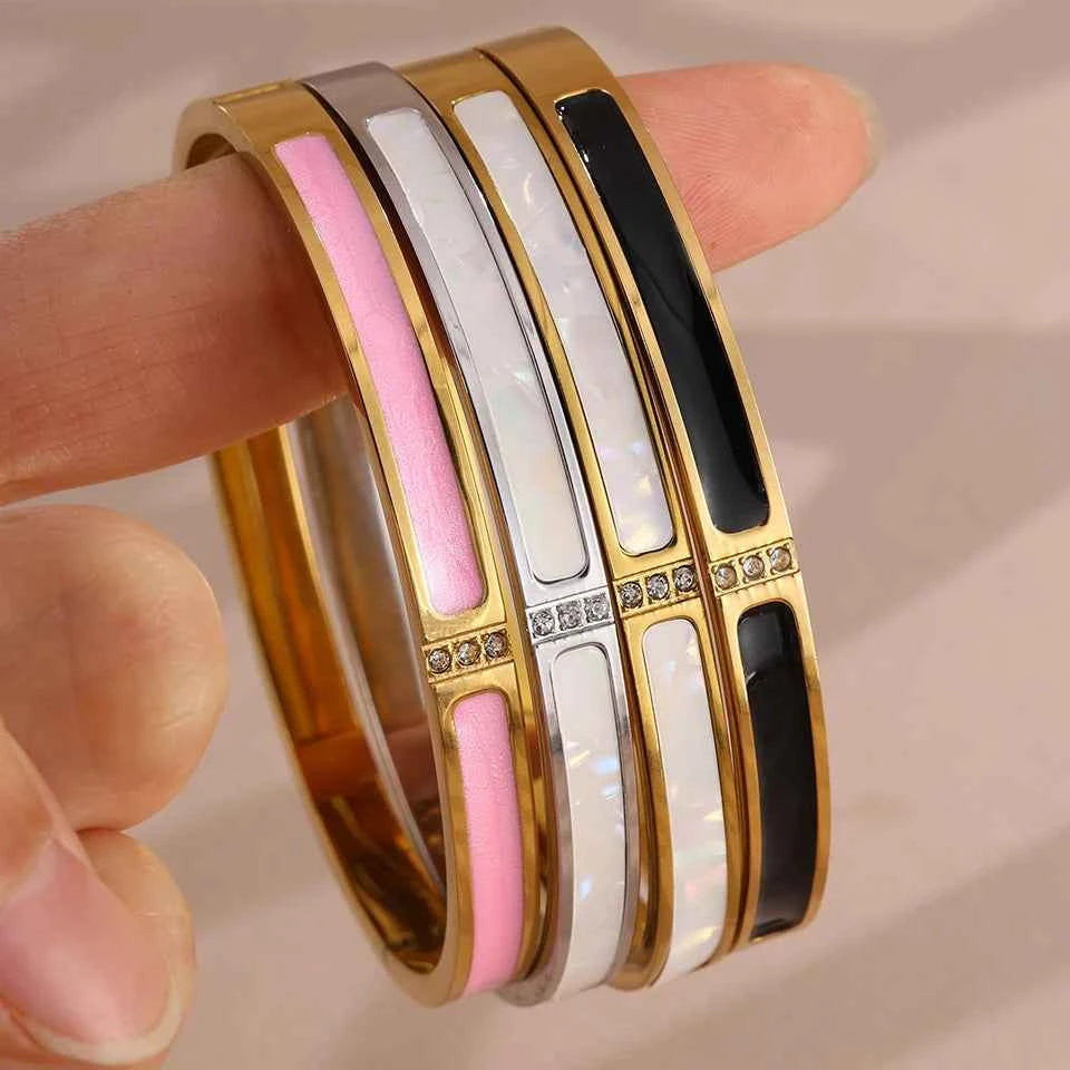 Yupsk New Pink Black Enamel Stainless Steel Bracelet for Women No Fade Color Bangle Trendy Jewelry Accessories Gift