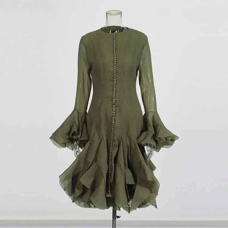 TWOTWINSTYLE Solid Spliced Button Slimming Dresses For Women O Neck Long Sleeve High Waist Patchwork Ruffles Female Fashion New