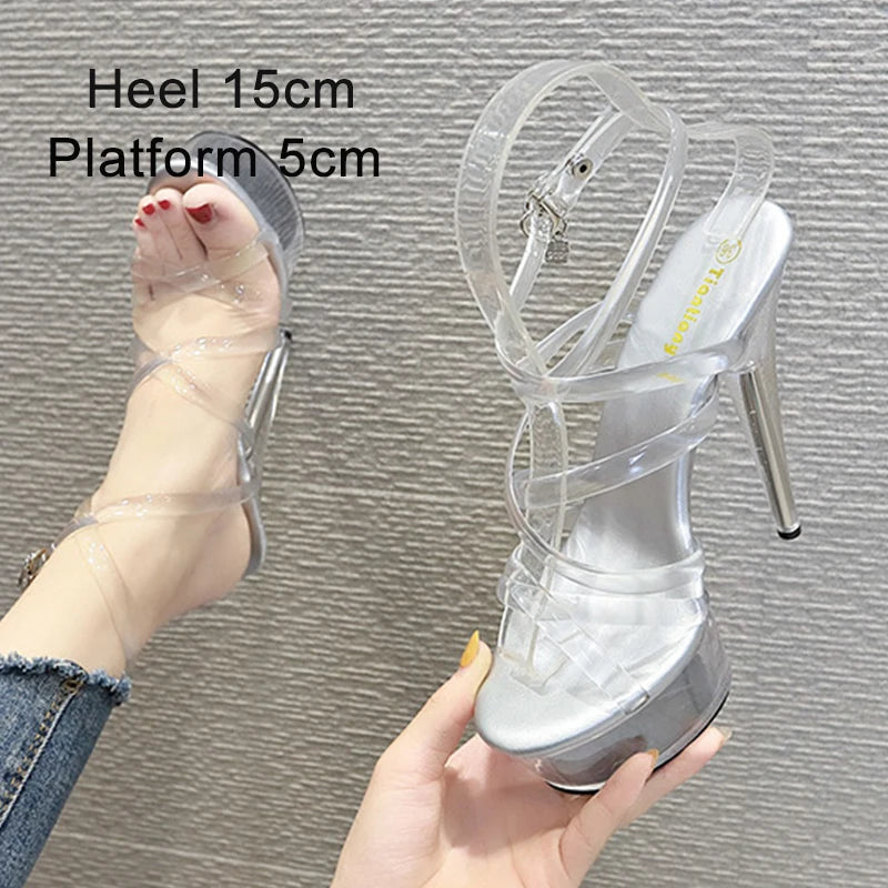 Voesnees Women Sandals Female Model T Station Catwalk Sexy Crystal Transparent Shoes 13CM High Heels Waterproof Head Sandals