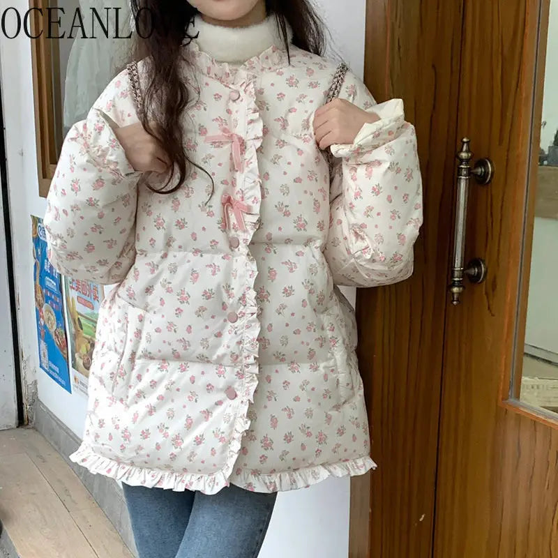 OCEANLOVE Autumn Winter Jackets Women Korean Fashion Sweet Ruffles Warm Parkas Coats  Vintage Thick Cute Outwears
