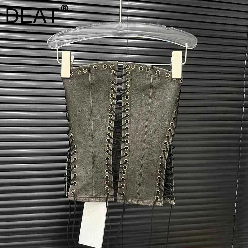 DEAT Fashion Vintage Bandage Design Hollow Out PU Short Strapless Vest For Women Outwear High Street Tank Tops Female 11A04791