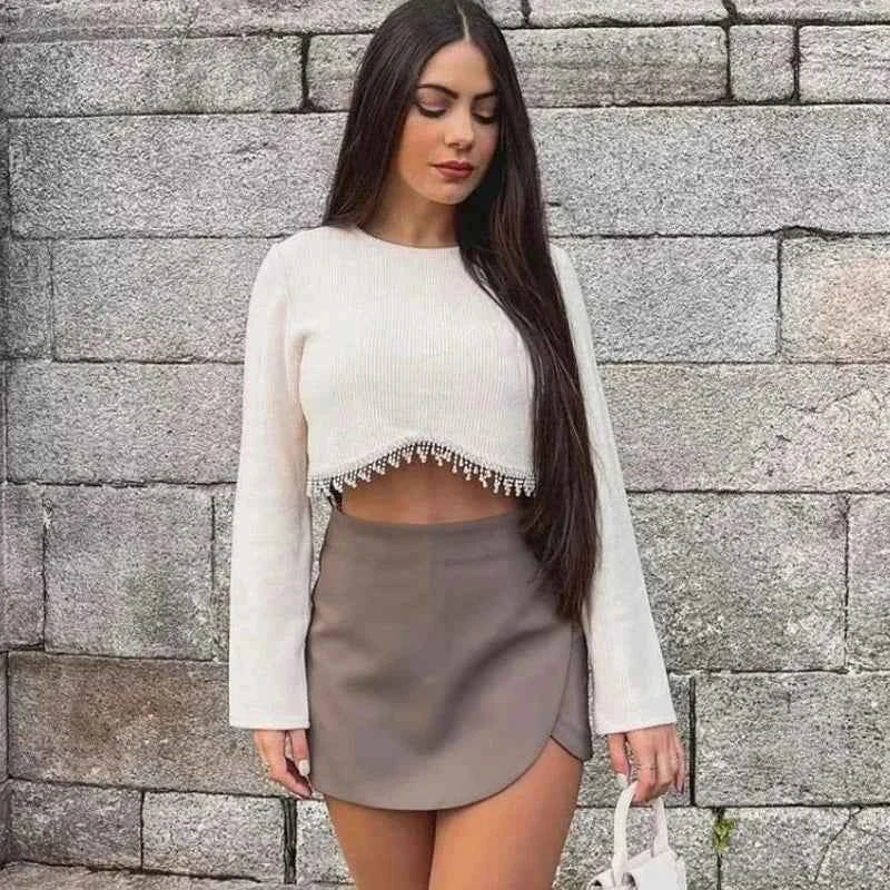 HXAO Women's Skort High Waist Brown Skirt Pants Stylish Summer Pink Black Mini Skirt Shorts Asymmetric Casual Off White Skort