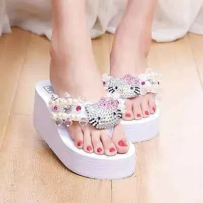 Hello Kitty Kawaii Soft Flip Flop Sandals Y2k Beach Slides Shoes Women Casual Wedge High Heels Platform For Slippers Ladies Gift