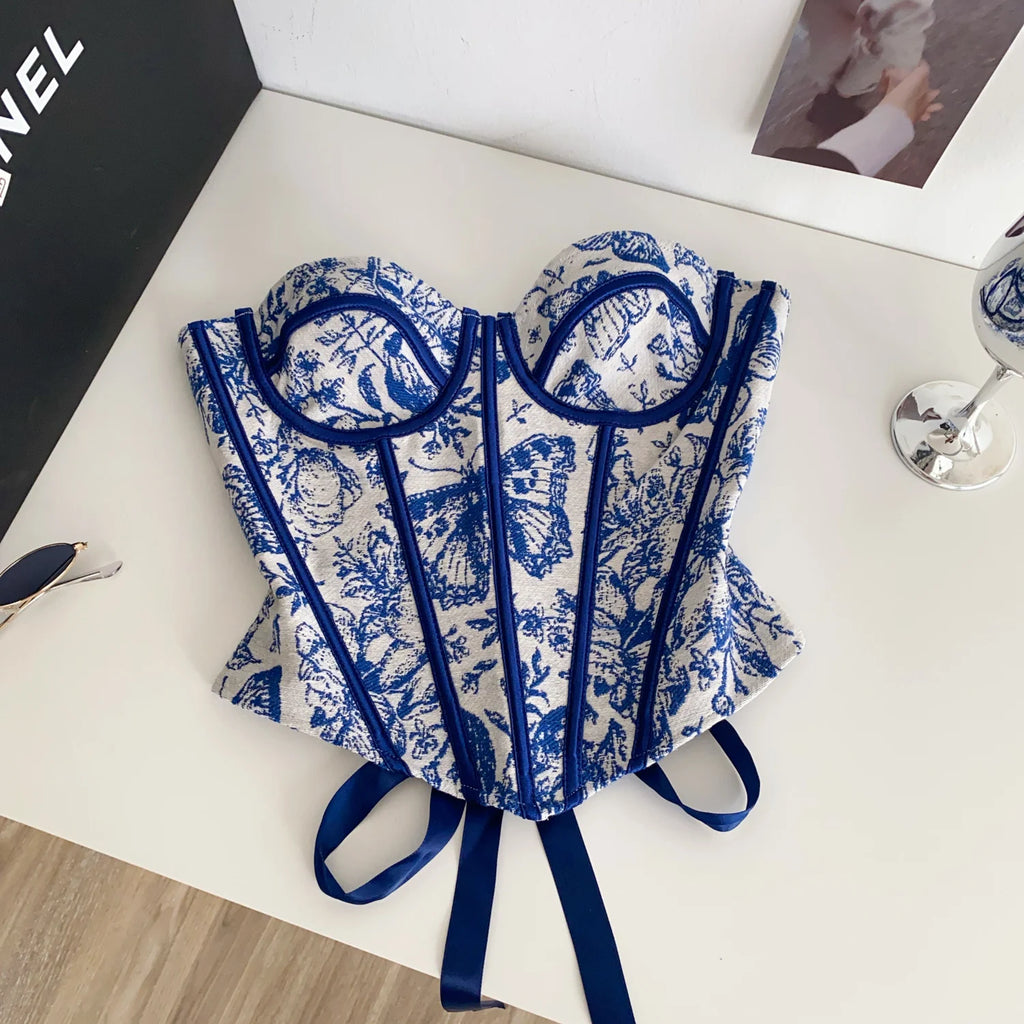 SINGREINY French Retro Lingerie Tops Women Strapless Print Corset Shapewear Lace Up Sexy Top 2025 Backless Sensual Slim Camisole