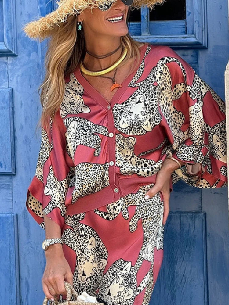 2024 Autumn New Women's Elegant Printed Leopard Pattern Fashion Two Piece Set V-neck Single Breasted Sexy Shirt Long Skirt Set
