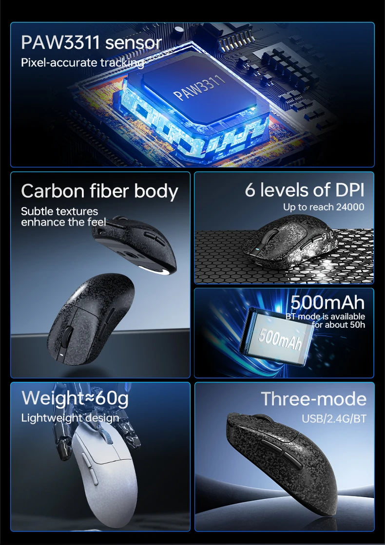 AJAZZ AJ199/AI Three-Mode Gaming Mouse 24000DPI/PAW3311 Sensor/Carbon Fiber Ultra-Thin Design /2.4G+ Bluetooth 5.0+ Wired Mouse