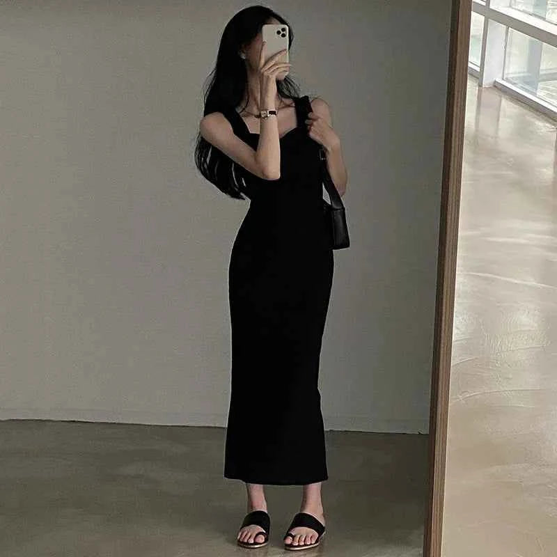 Myufon Basic Knit Long Dress Korean Fashion Square Collar Sleeveless Women's Dresses Summer Casual Y2k Vintage All-match Outftis