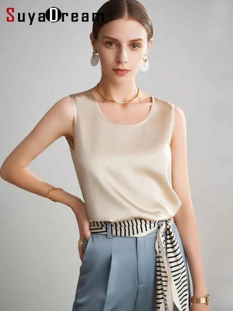 SuyaDream. Women Basic Cozy Tanks, 100%Real Silk, O neck Sleeveless Chic T Shirt, 2025 Solid Summer Vests, White, Pink, Beige