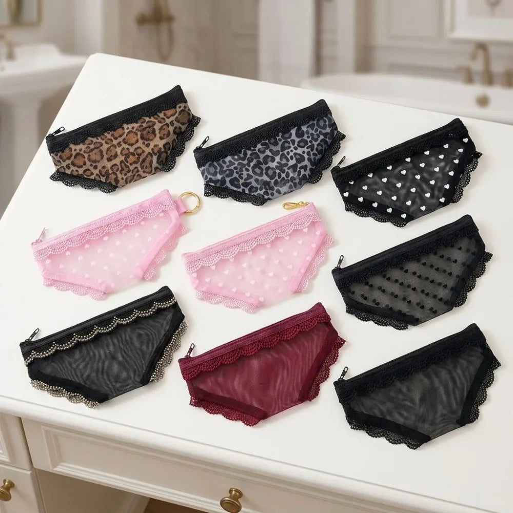 New Briefs Shape Cosmetic Bag Mesh Lace Heart Makeup Storage Pouch Y2K Transparent Toiletry Bag Storage for Travel