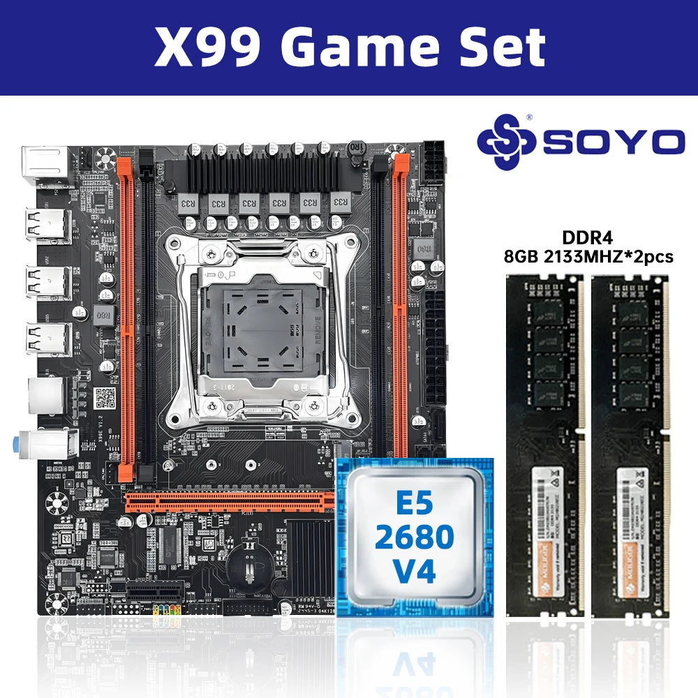 SOYO X99 Motherboard Set Kit With Intel LGA2011-3 Xeon E5 2680 V4 and DDR4 16GB (2*8GB) 2133MHz Dual Channel RAM M.2 NVME