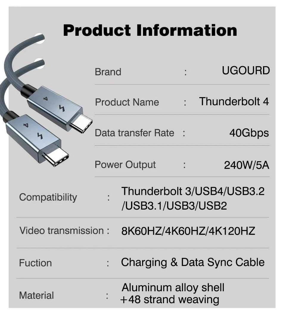 UGOURD USB C Thunderbolt 4 40Gbps USB4 Cable USB Type C to C 240W Fast charging Cable Thunderbolt3 for egpu SSD iPad MacBook Air
