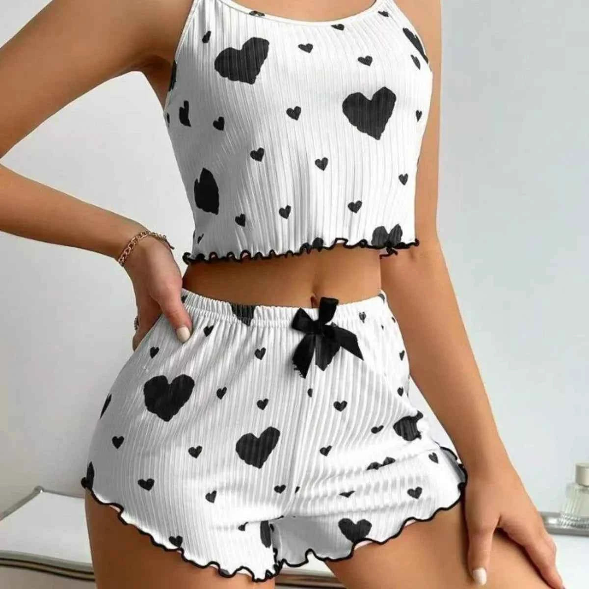 Heart Print 2PCS Home Suit Women's Suspender Shorts Casual Fashion Nightwear Female pajamas Lightweight Love Sleepwear