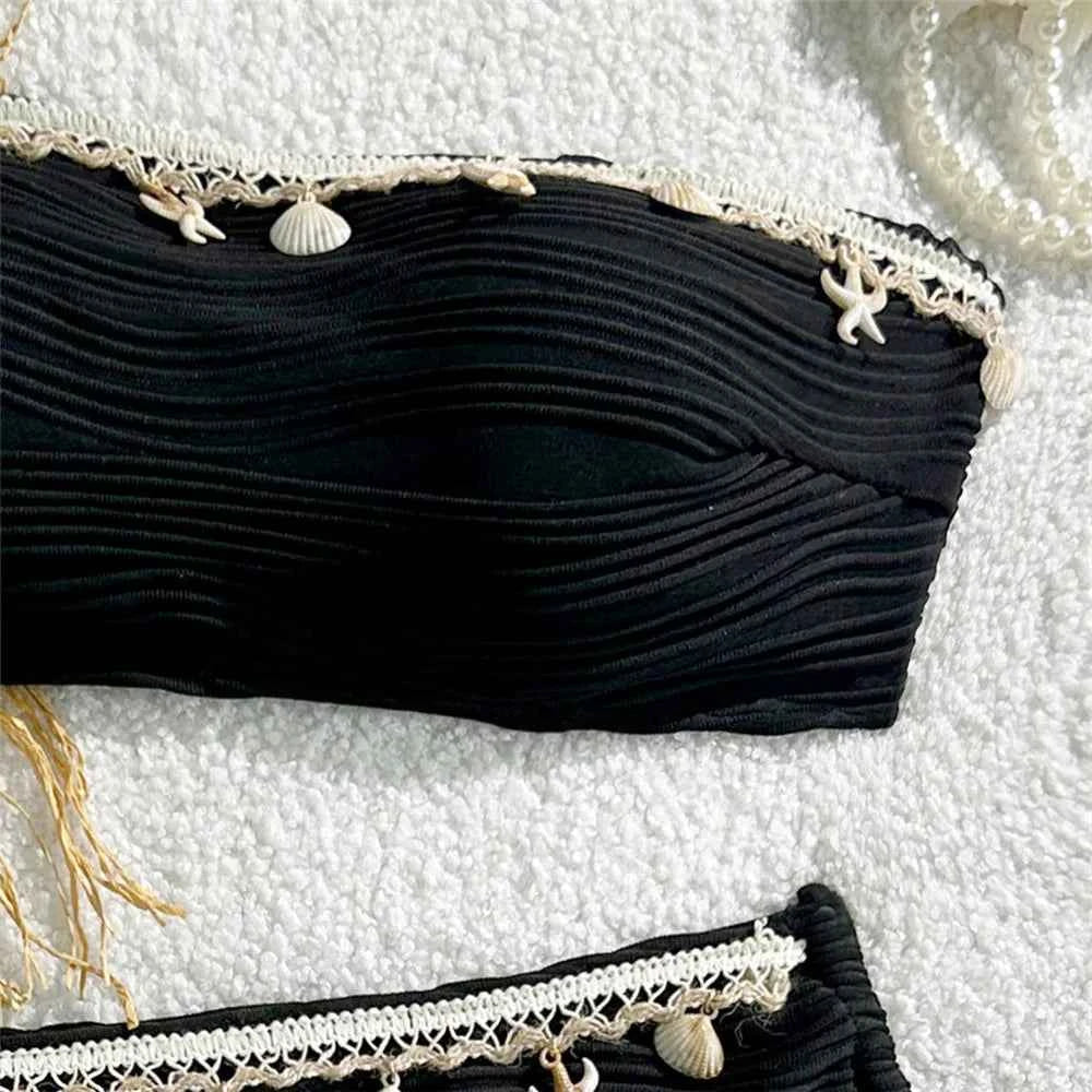 Shell Starfish Edge Bandeau Bikinis Sets Yellow Texture Solid Swimwears Sexy Swimsuit Women 2026 Lace-up Bathing Suit Bikini