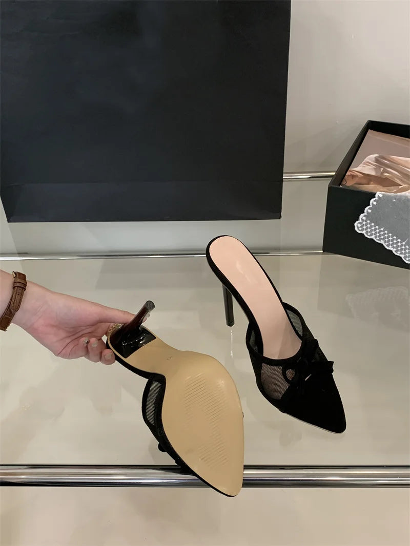 Liyke Street Fashion Bowknot Mesh Women Slippers Sandals Sexy Pointed Open Toe Black High Heels Mules Slides Party Banquet Shoes