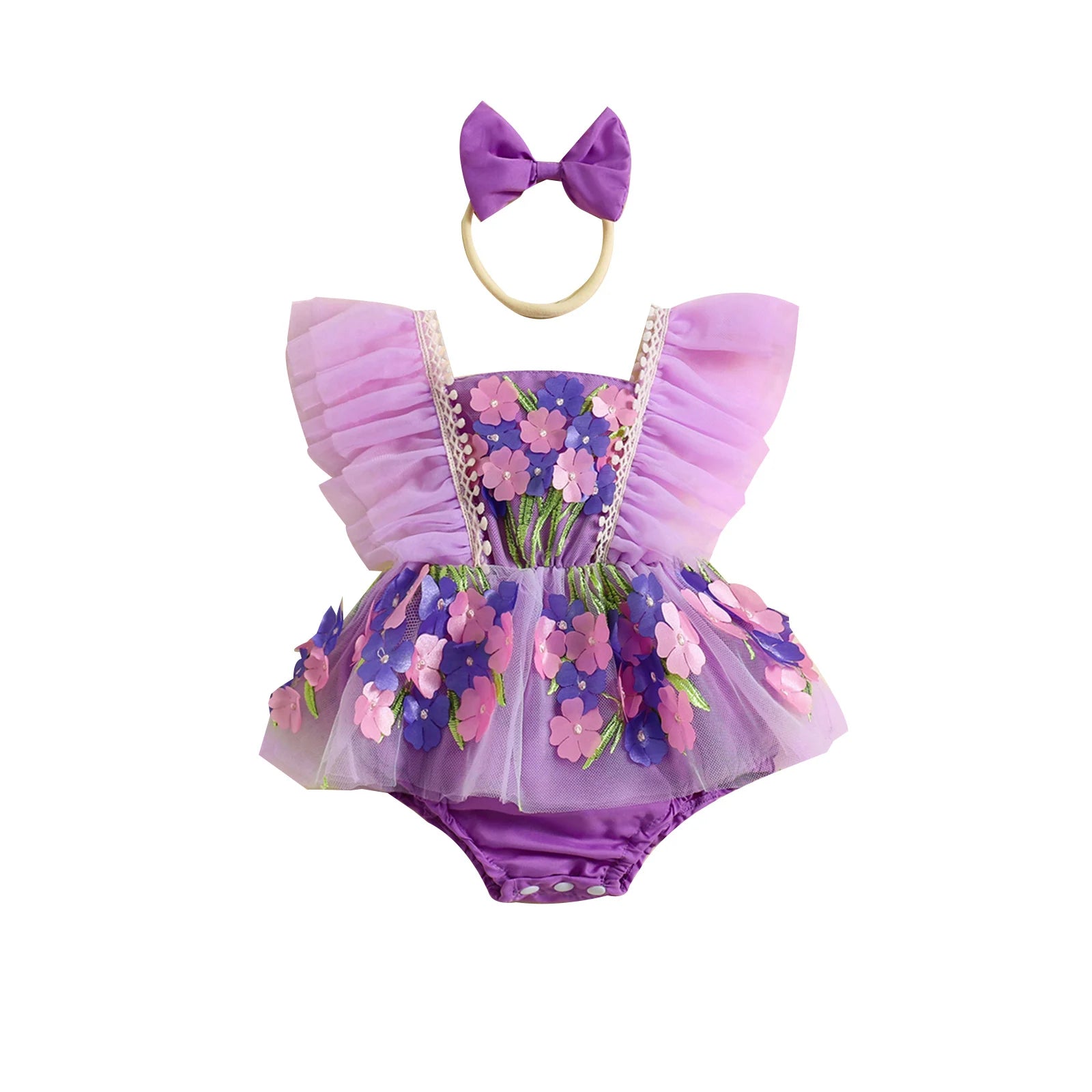 Baby Girl Princess Romper Dress Cute Summer Ruffle Sleeveless 3D Flower Tulle Tutu Rompers with Headband 2Pieces Infants Outfits