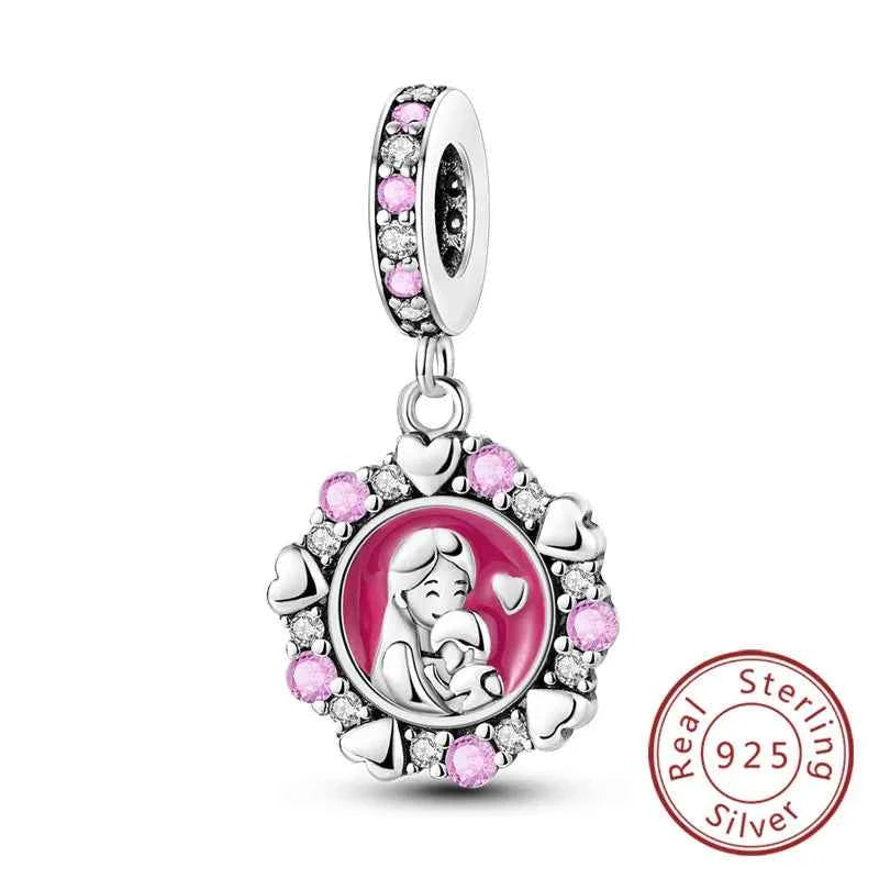 Original 925 Sterling Silver Charm Bead Mother's Day Love Heart Family Charm Bead Pendant Fits Bracelet Womens Jewelry Gifts