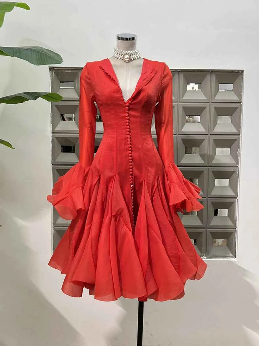 TWOTWINSTYLE Solid Spliced Button Slimming Dresses For Women O Neck Long Sleeve High Waist Patchwork Ruffles Female Fashion New
