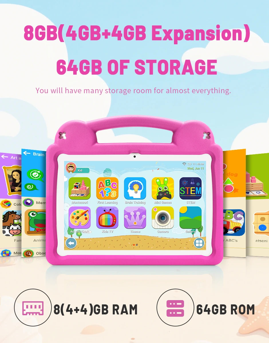 Kids Tablet Android 15 Tablet 10.1inch for Kids with Protective Case Octa-Core 8GB 64GB 1TB Expand Dual Camera Parental Control