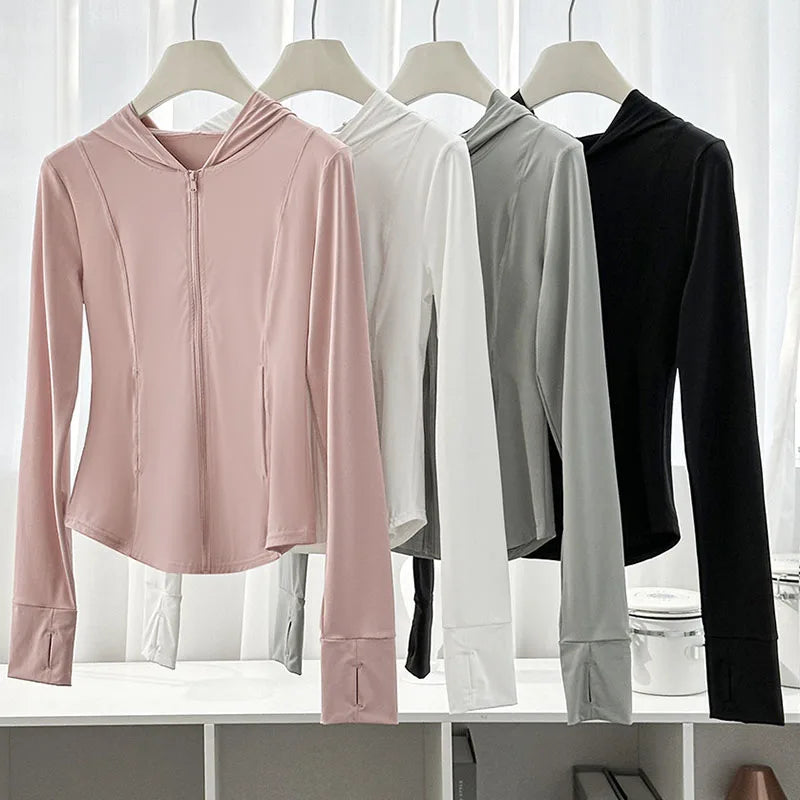 Women's Lce Silk Sun Protection Jacket 2026 New Long Sleeve Hooded Summer Thin Zipper Cardigan Korean Short Slim Sports Outwear