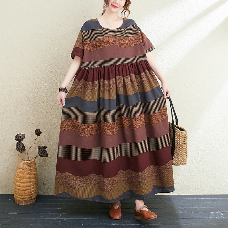 2026 New Summer Cotton Linen Short Sleeve Vintage Striped Print Dresses For Women Long Fashion Dress Elegant Vestidos Robe Femme