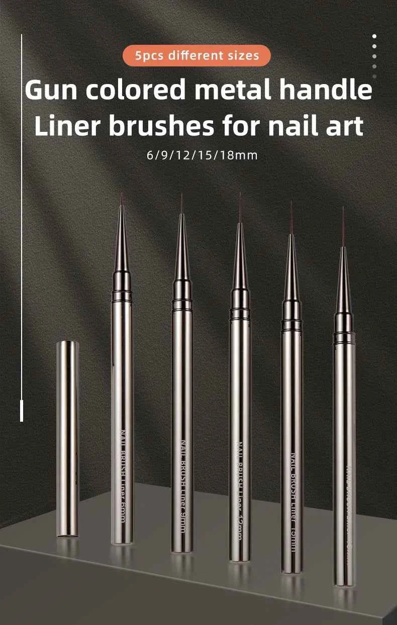 5PCS/set 6/9/12/15/18mm Nail Liner Brush Set Drawing Lines Stripe Painting Flower Pen Nail Art Manicure Metal Handle Brush Set