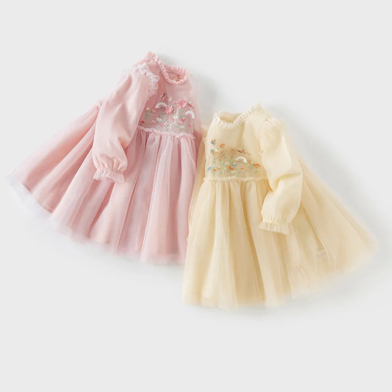 Dave Bella Princess Dress for Girls Baby Children 2025 Spring Long Sleeved Charm Mesh Embroidery Floral Gentle Cute DB1250434
