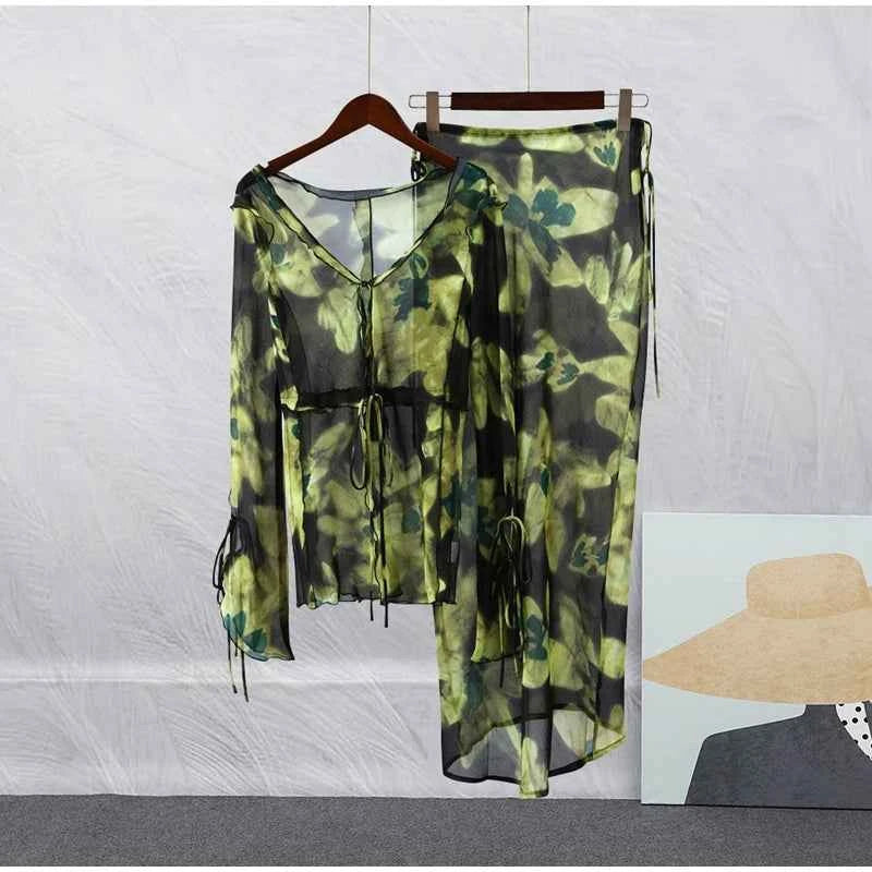 Print Y2K Mesh Long Sleeve Top Shirts Green and Maxi Skirt Bodycon Two Piece Sets Beach Outfits Women Club