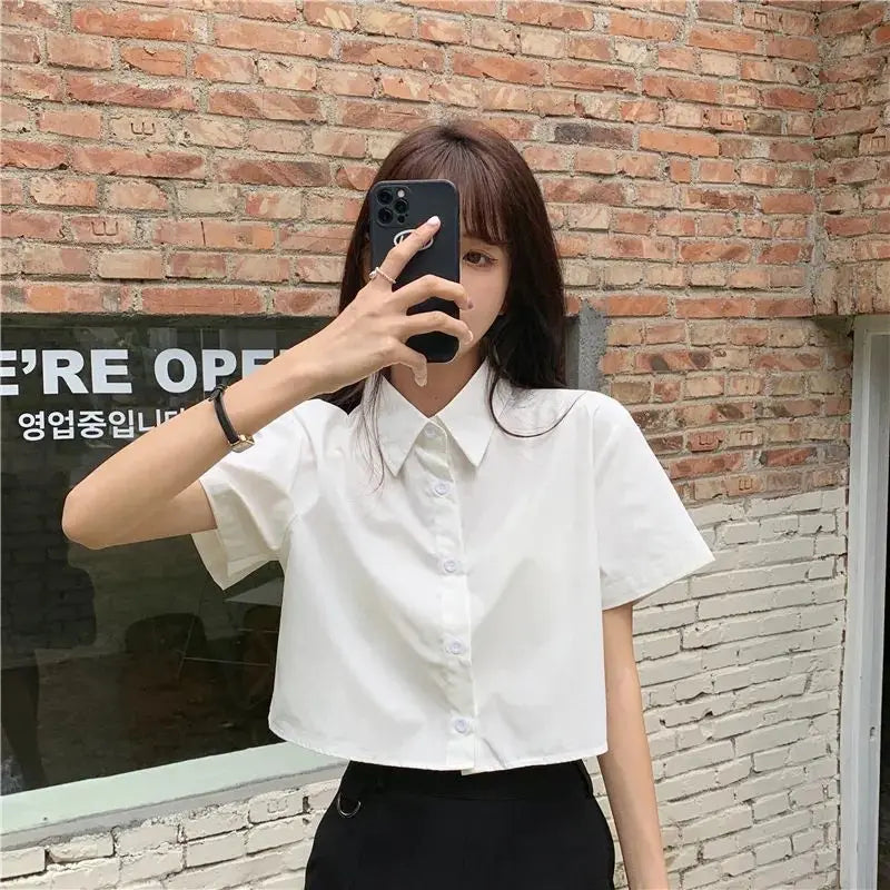 Oversize Cropped White Shirt Women Summer Short Sleeve Polo Neck Button Down Basic Short Sleeve Shirts Korean Female Blouses