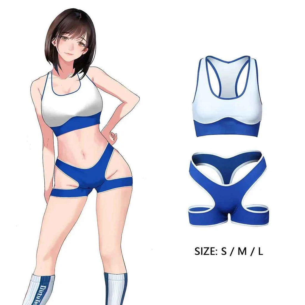 Sexy Cute Pure Desire Bra Set Girl Cheerleading Sports Underwear Lingerie Student Cosplay Costumes Hollow Split Swimsuit Bikini
