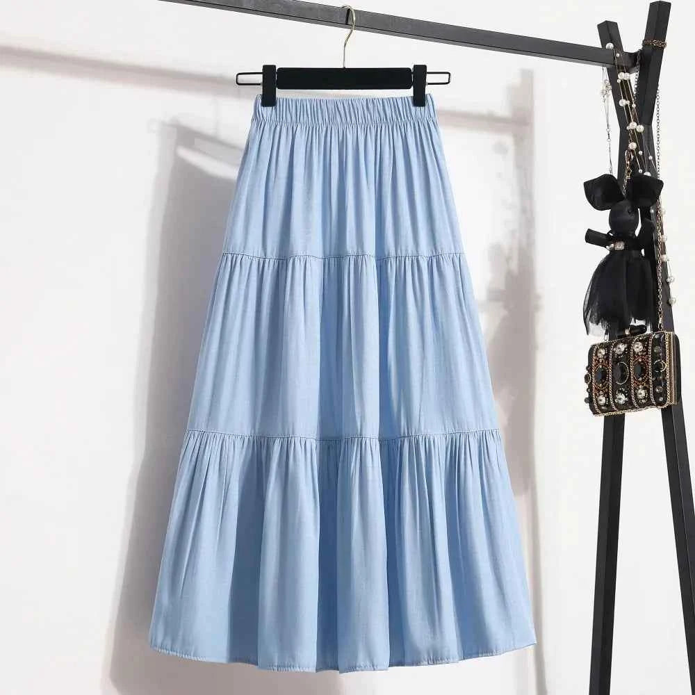 Spring Summer Women Skirts Vintage High Waist Elastic Patchwork White Black Chic Long Cake A-line Skirt