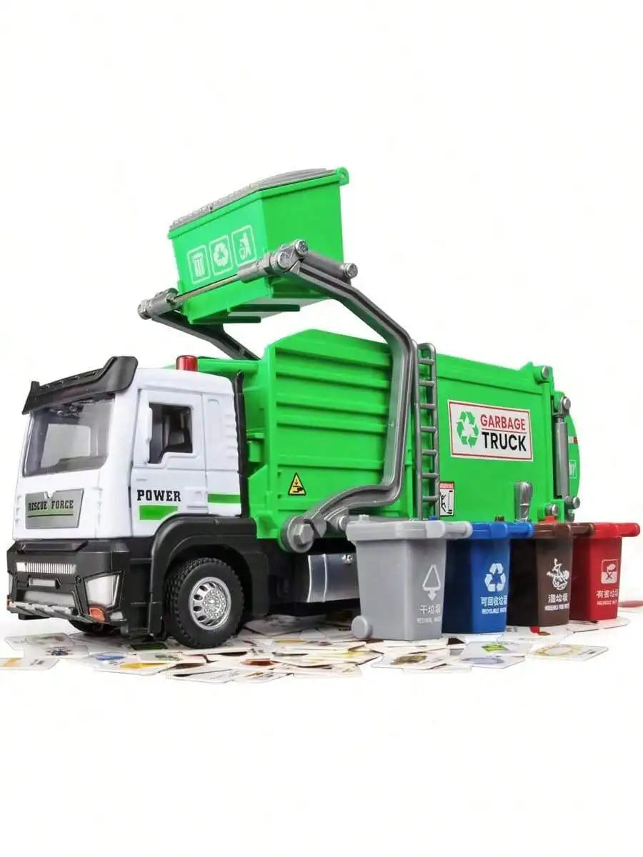 Realistic Garbage Truck Toy Set with Trash Can & STEM Learning Cards | 6+ Years Interactive Pull-Back Vehicle for Boys & Girls,
