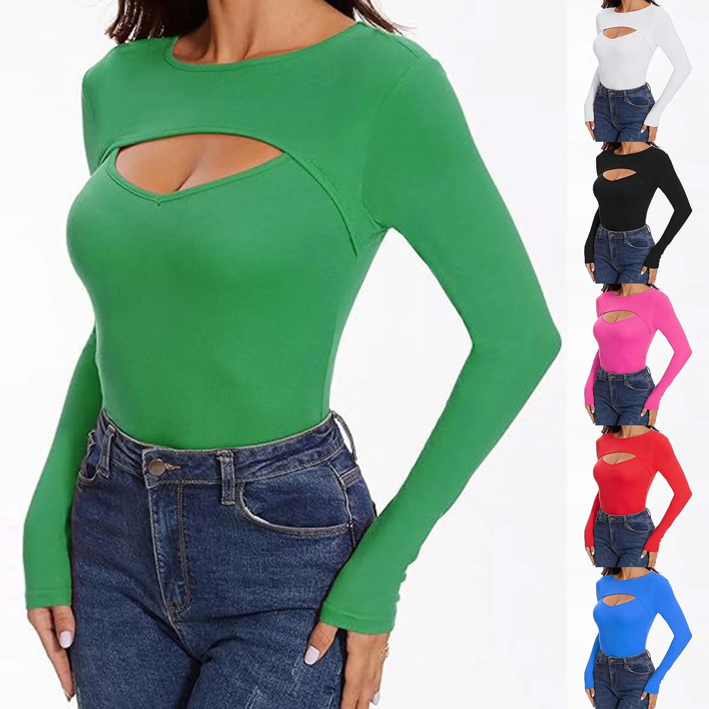 Spring Autumn Women's Long Sleeve T-Shirt Fashion Casual Front Hollow Slim Sexy Top Female Slim Bottoming Shirt Pullover