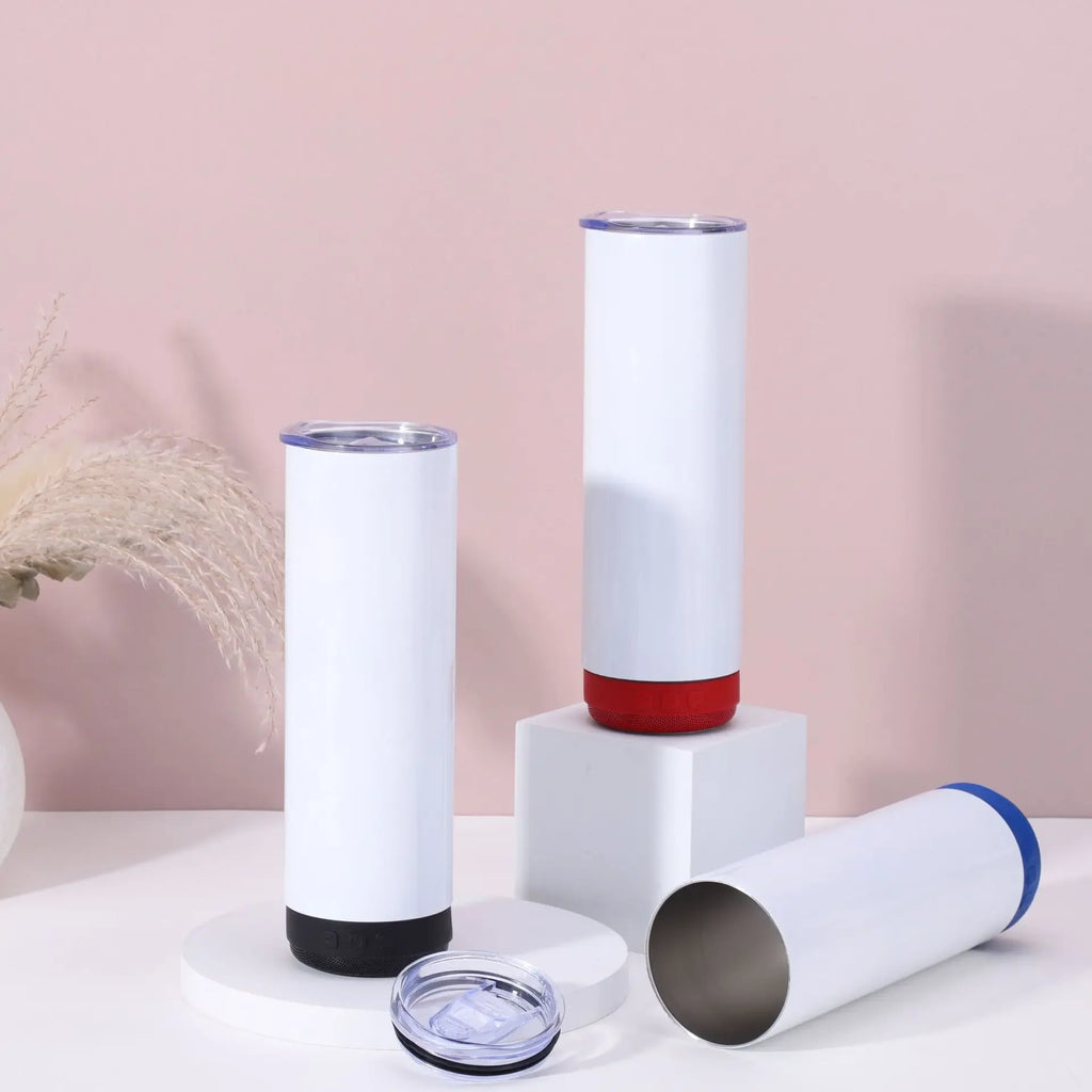Music Speaker Tumbler with Straw and Lid 20oz Skinny Double Wall Stainless Steel Music Cup with Detachable LED Bluetooth Speaker