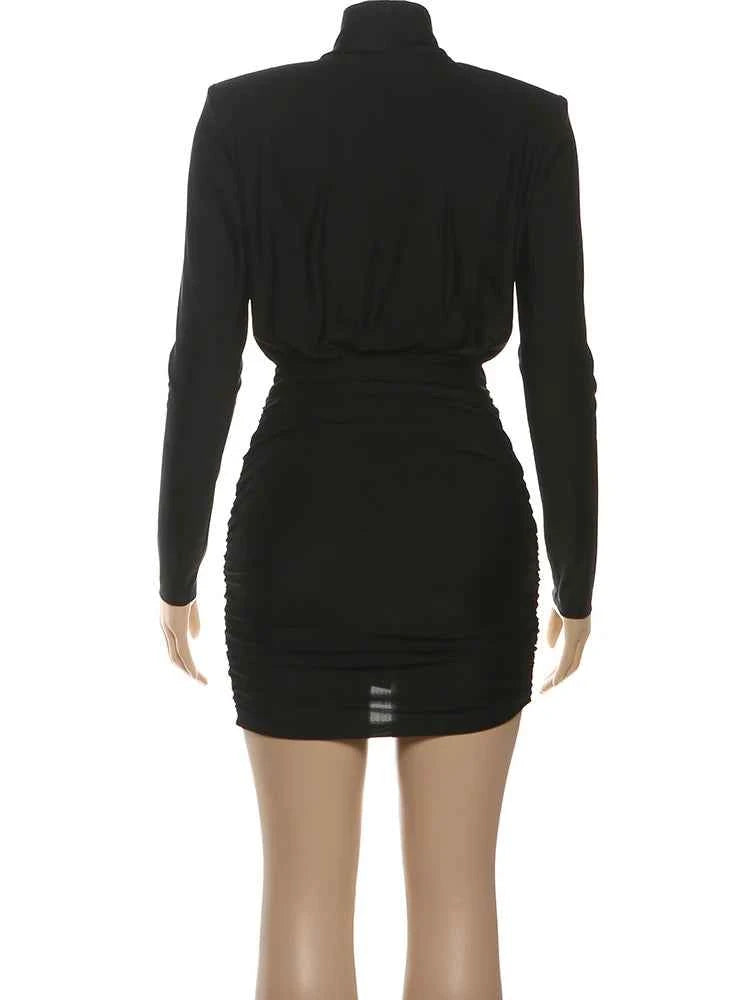 Nibber Classic Turtleneck Dress Women Shoulder Padded Ruched Sexy Office Commute Simple Peach Hip Skinny Elegant Mini Bodycon