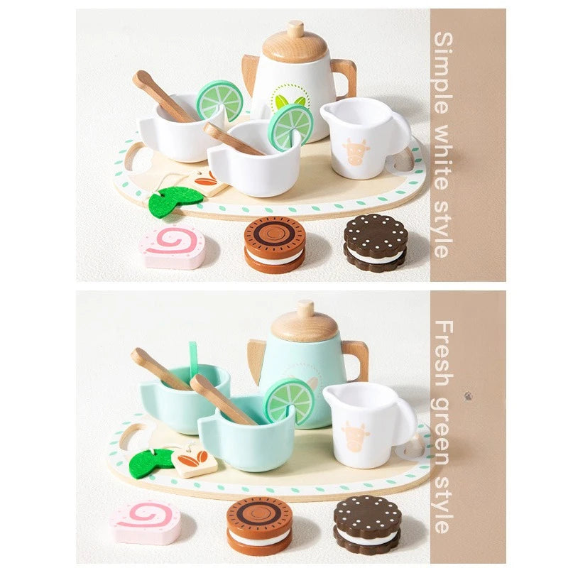 Kids Wooden Educational Toys Pretend Play Tea Dessert Set Role Play Game for Kindergarten Toddlers