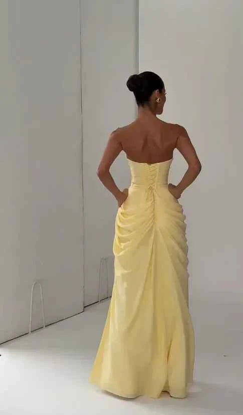 Yellow Strapless Pleated Dress Women Elegant Sexy Sleeveless Waist Cinching Split Maxi Gowns 2026 Lady New Evening Party Dresses