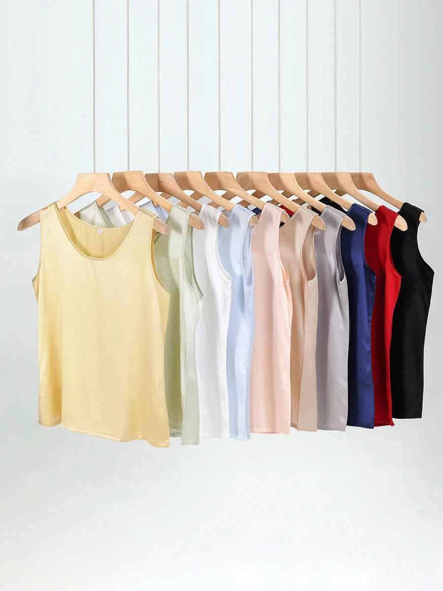 SuyaDream. Women Basic Cozy Tanks, 100%Real Silk, O neck Sleeveless Chic T Shirt, 2025 Solid Summer Vests, White, Pink, Beige