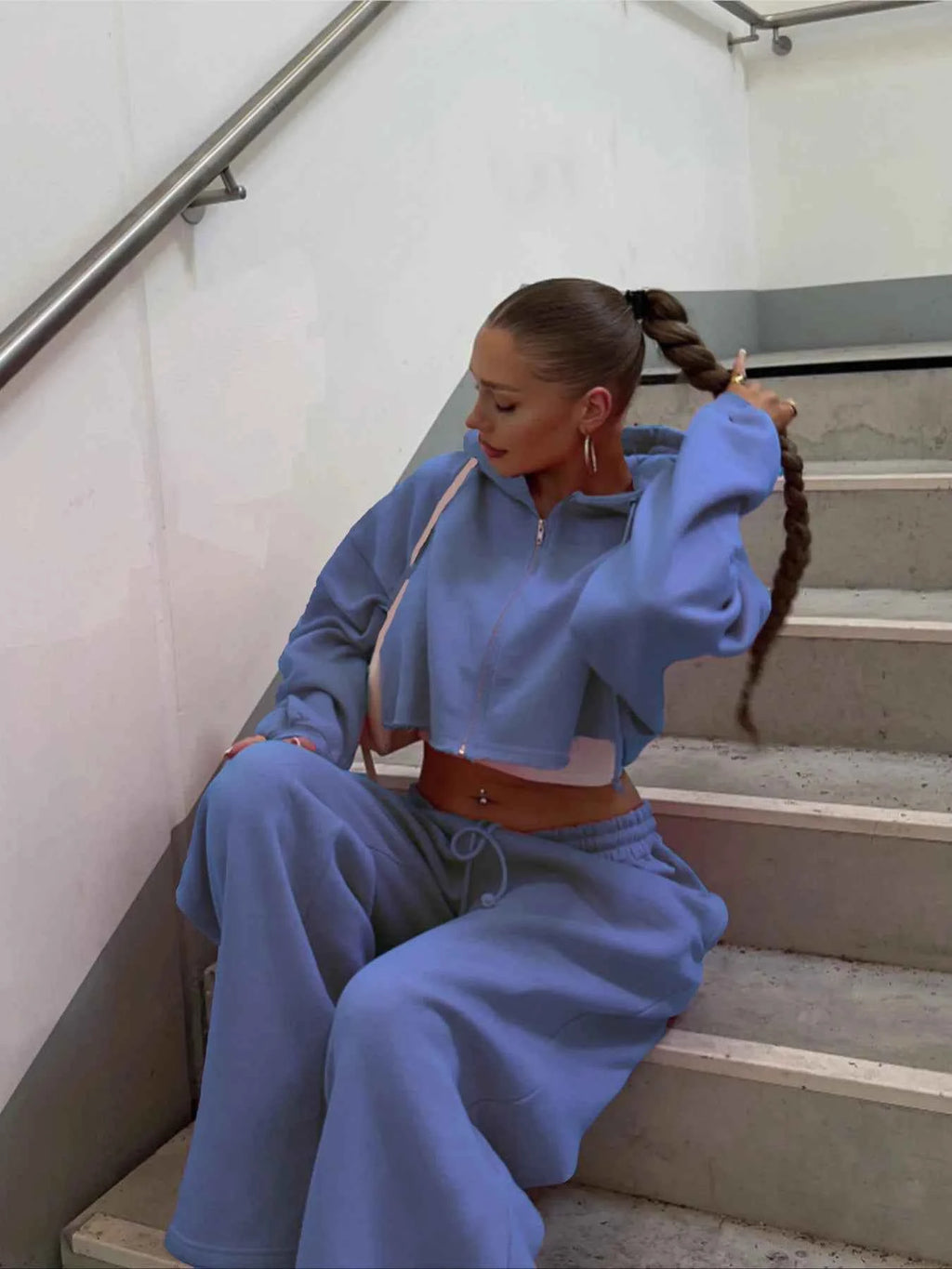 Women Hooded Zip-up Cropped Sweatshirt and Long Pants 2 Piece Sets 2025 Autumn Casual Hoodies Sweatpants Suit Tracksuits