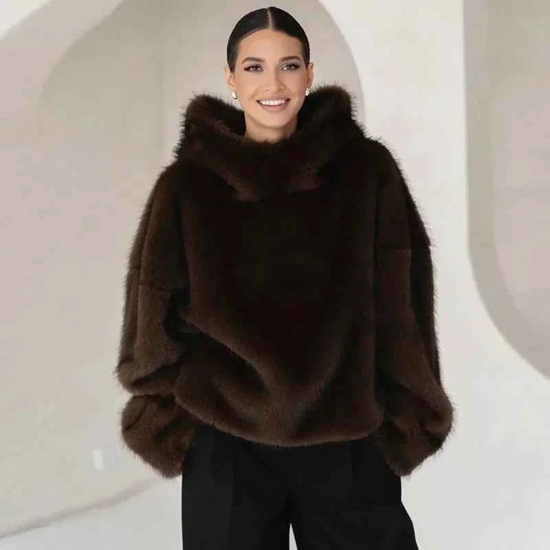 Women Solid Faux Fur Hooded Pullover Casual Full Sleeve Warm Loose Thick Tops Lady New Daily Chic Elegant Winter Outwear 2025